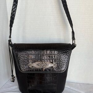 Brighton Black Croc-Embossed Crossbody with Silver Plaque